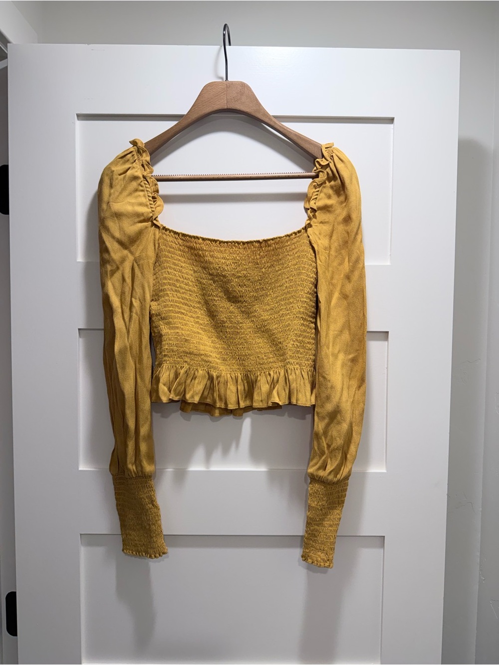 Reformation Mustard Yellow Smocked Ruffle Crop Top